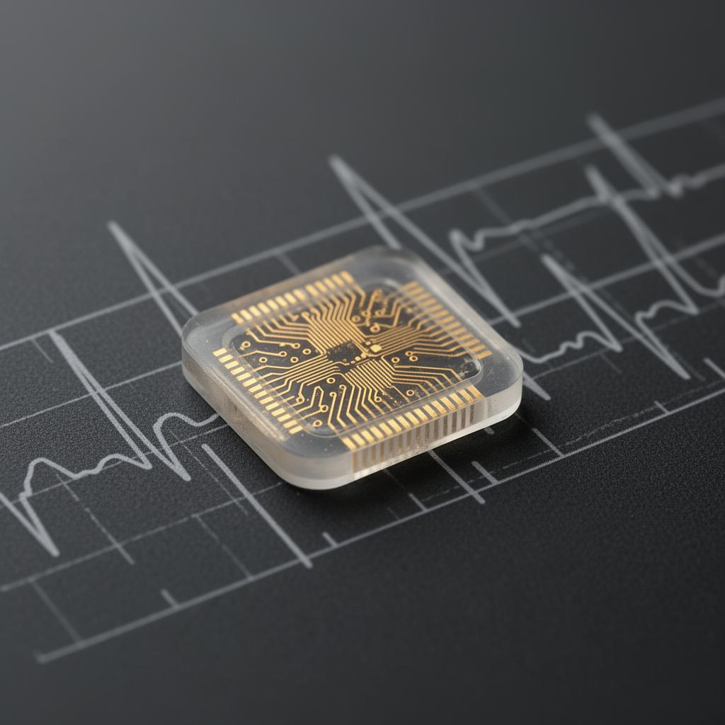 Microchip biomédico representando a arquitetura de inteligência comportamental do AURA